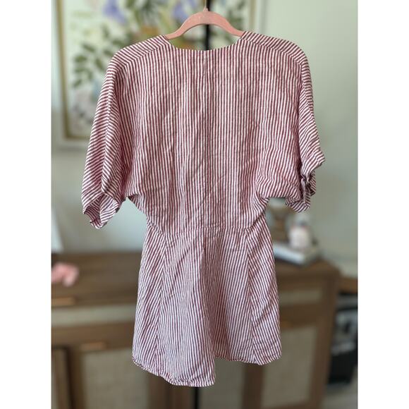 Reformation 100% Linen Striped Cecilia Kimono Mini Dress Red White Womens Size 4 - Picture 3 of 15